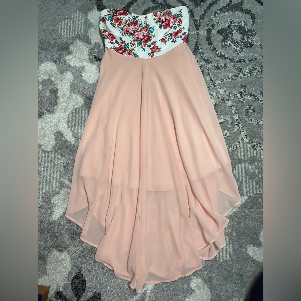 Ya Los Angeles Dress Floral Bustier High Low Flowy Blush Pink Skirt